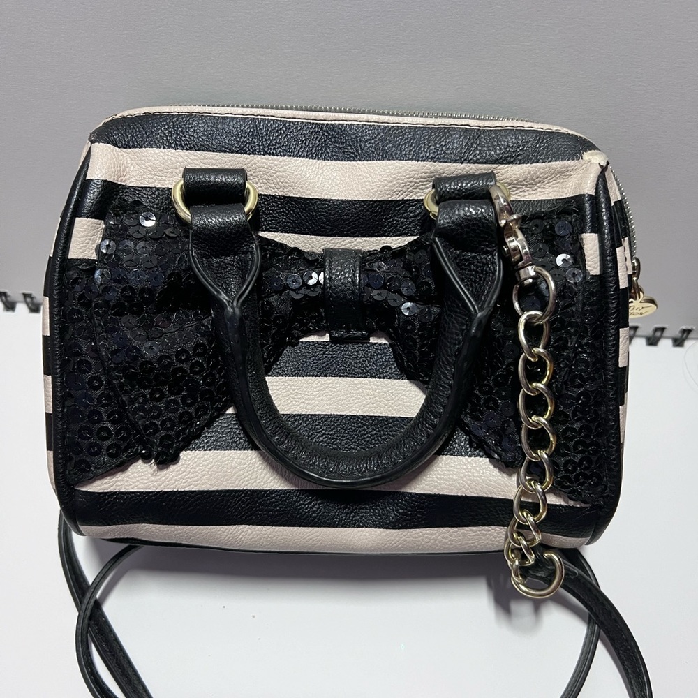 Betsey Johnson black and cream stripe crossbody bag with big sequin bow